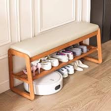 ナチュラル竹製玄関ベンチ 収納シューズラック付き